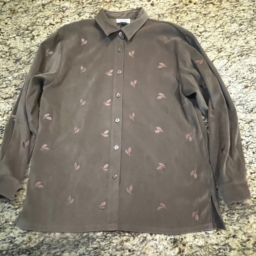 Teddi Womens‎ Brown Embroidered Leaf Button Down Blouse Long Sleeve Size L